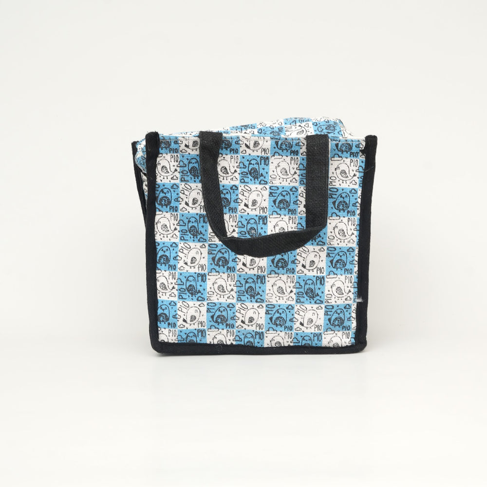 Express Jute Lunch Bag, Blue and White Patchwork, View 3