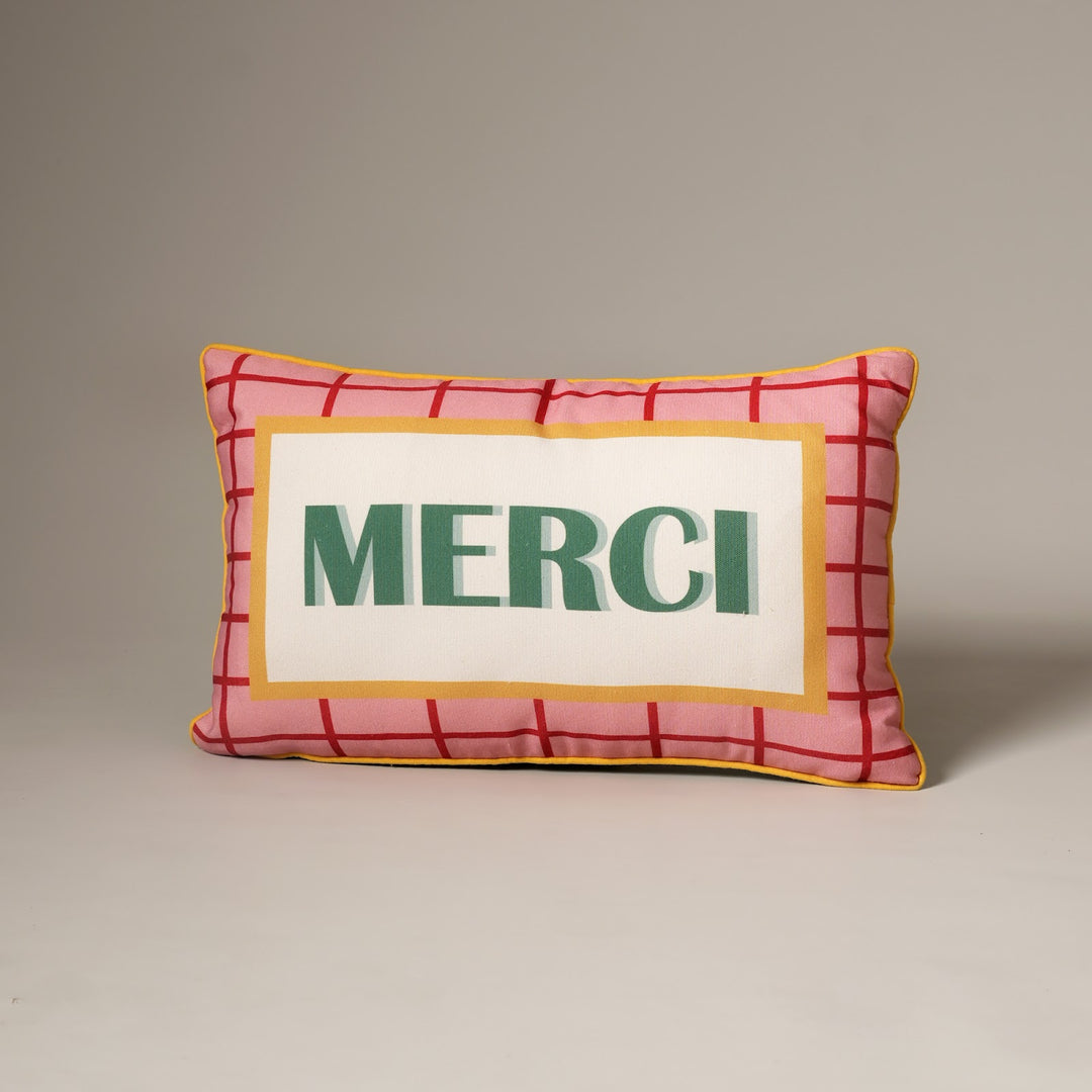 Merci Print Cotton Lumbar Cushion in orange and green print