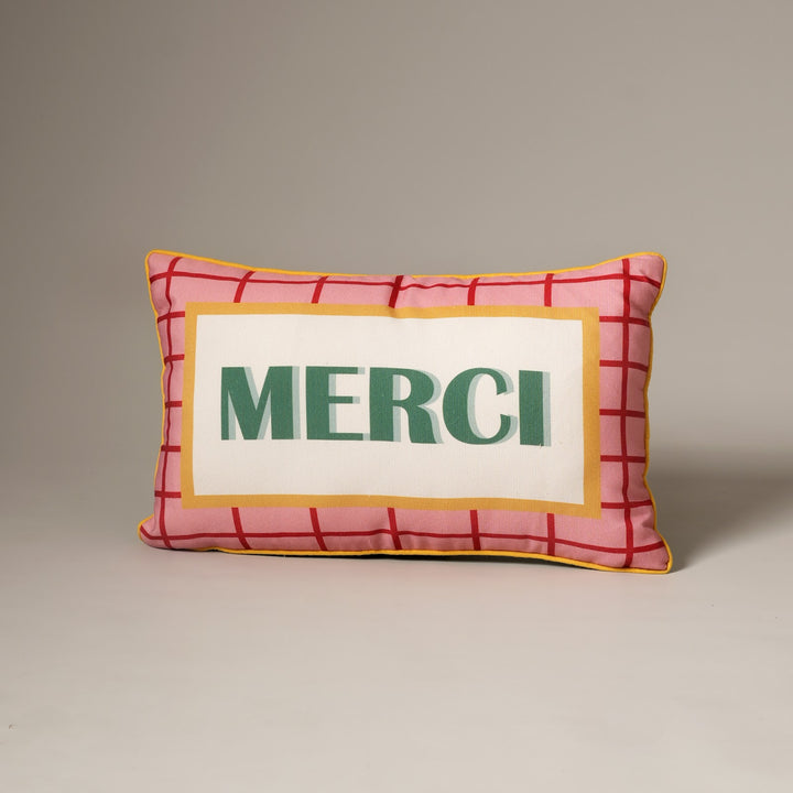 Merci Print Cotton Lumbar Cushion in orange and green print
