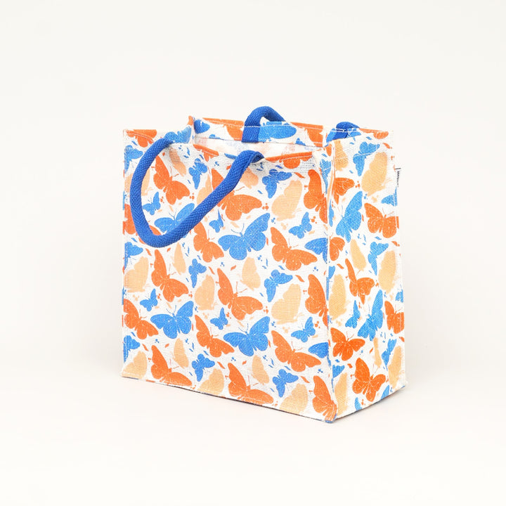 Multicolour Butterfly Print Jute Lunch Bag, View 4