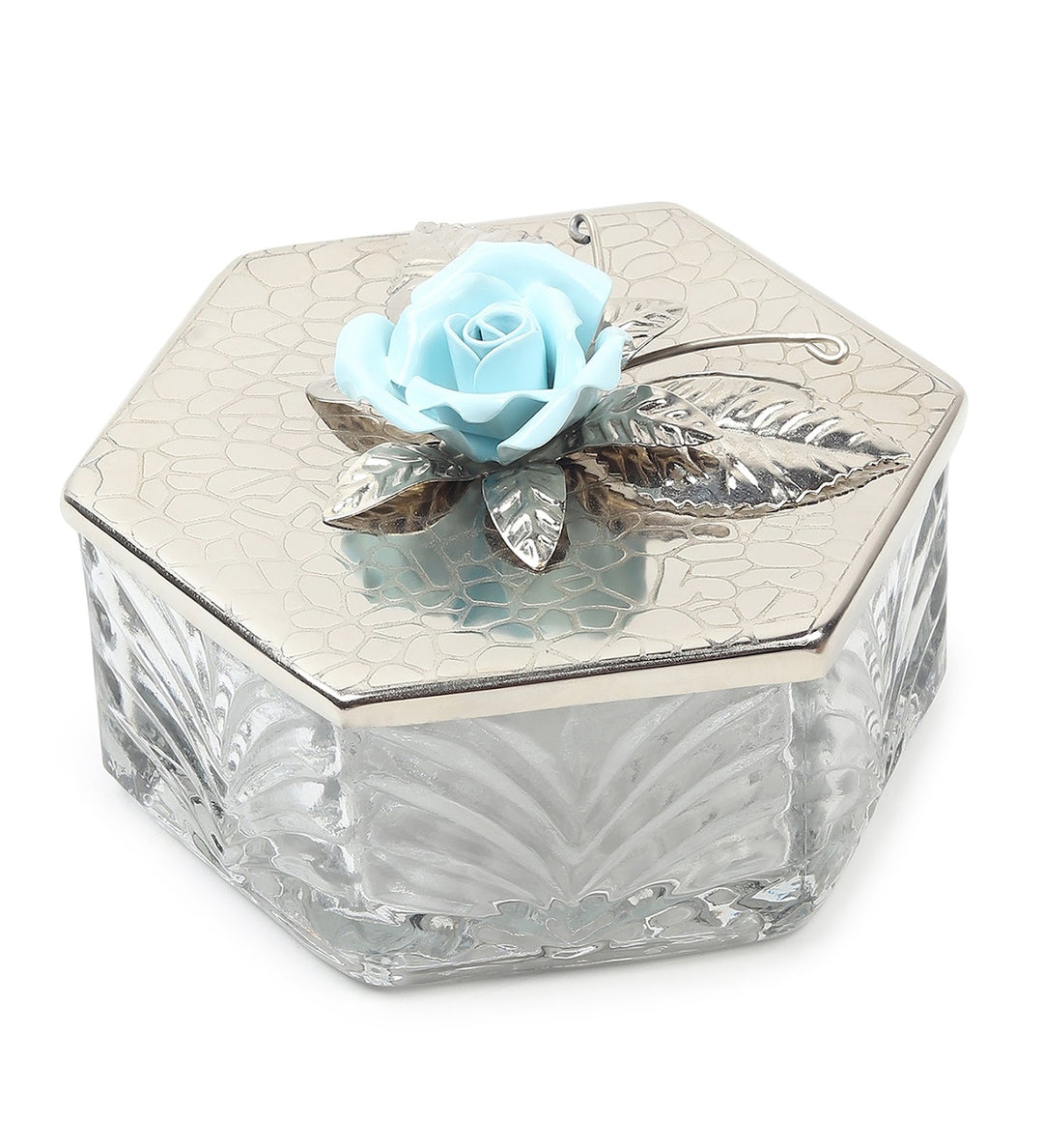Petal Eclat Hexagon Trinket Box with Floral Bloom Accent Blue view 7