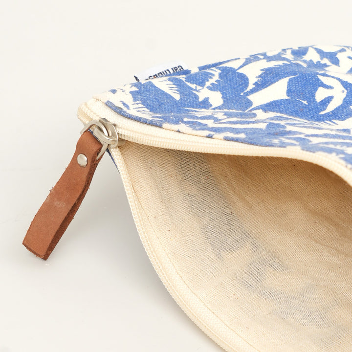 Blue Leaf Print Canvas Zipper Pouch, View 5