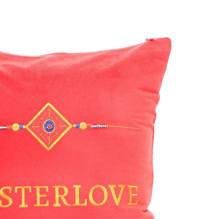 Rakhi Embroidered Velvet Cushion 30 cm, #SISTER LOVE, view 2