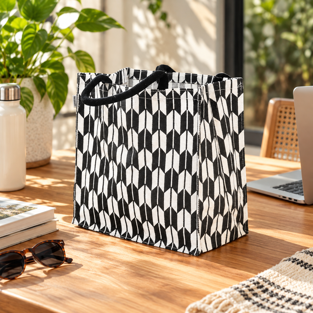 Black and White Geometric Jute Lunch Bag, View 4