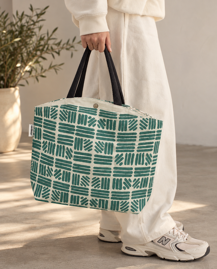 Teal Geometric Print Jute Carry Bag, View 6