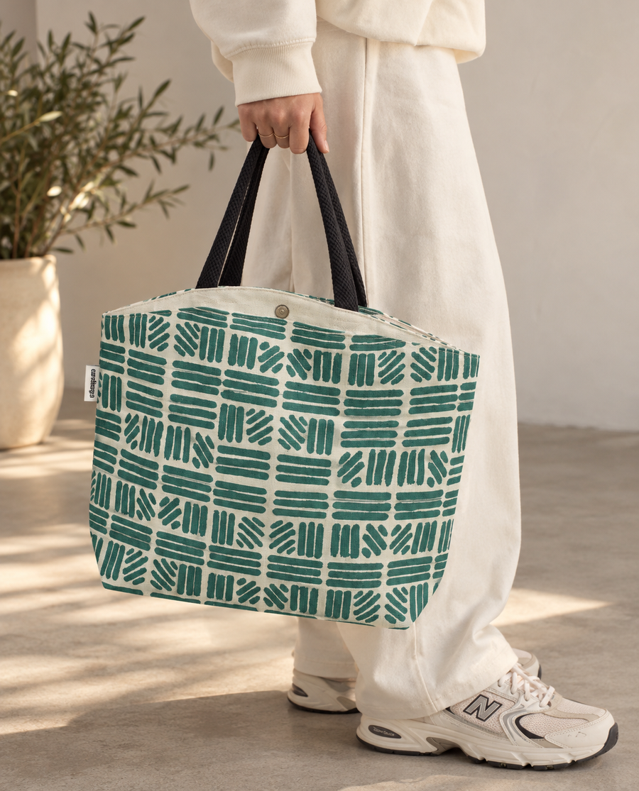 Teal Geometric Print Jute Carry Bag, View 6