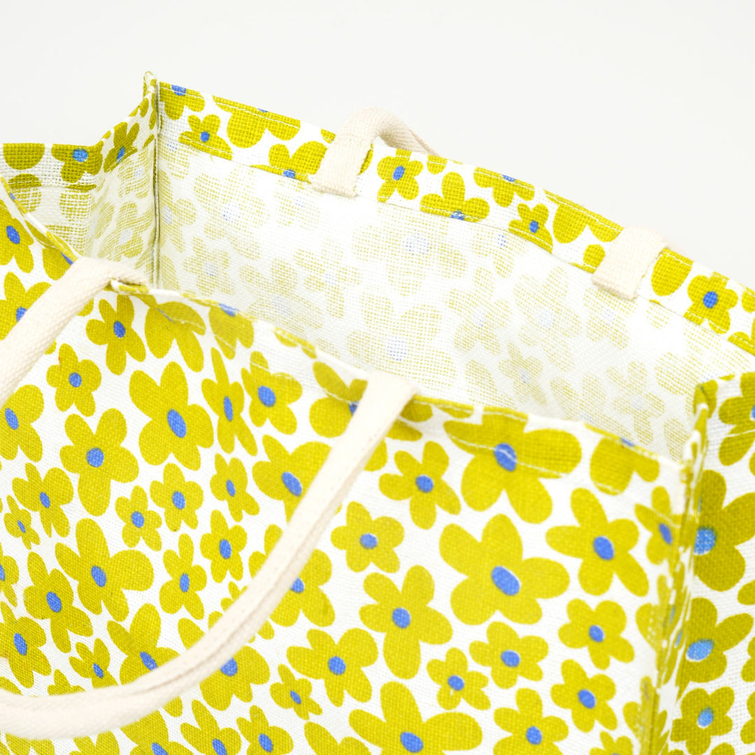 Yellow Floral Print Jute Shopping Bag, View 4