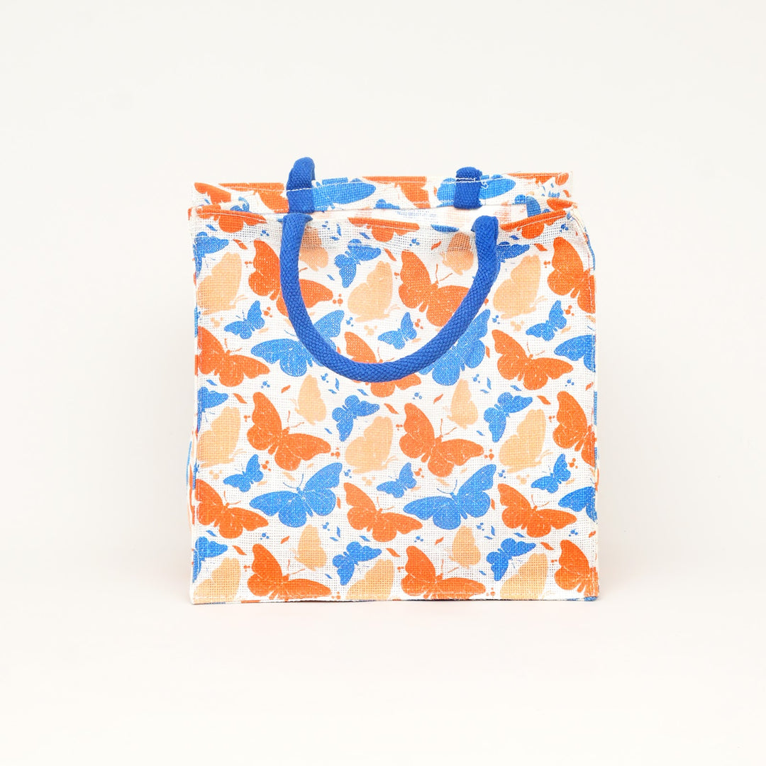 Multicolour Butterfly Print Jute Lunch Bag, View 3