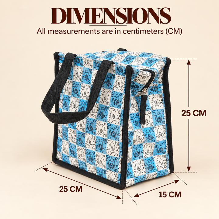 Express Jute Lunch Bag, Blue and White Patchwork