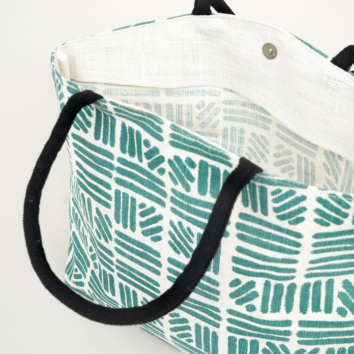 Teal Geometric Print Jute Carry Bag, View 3