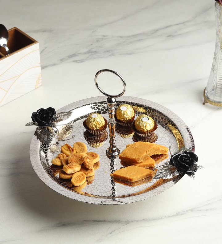 Petal Eclat Stainless Steel Cake Stand with Floral Accent Black view 2
