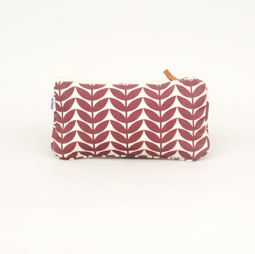 Burgundy Leaf Print Canvas Zipper Pouch, View 2