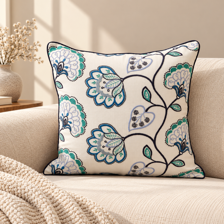 Blue Floral Vine Embroidered Cushion Cover, View 4