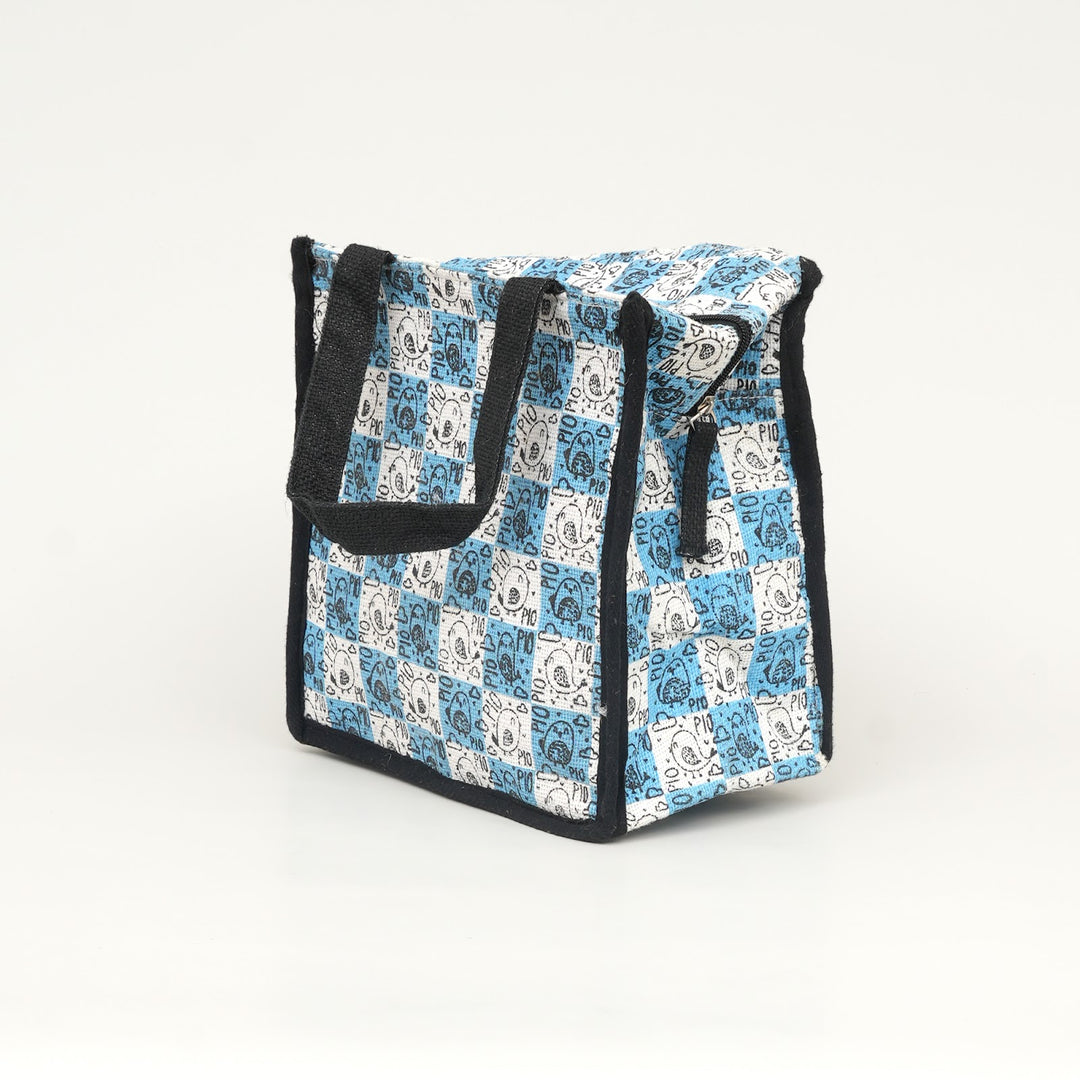 Express Jute Lunch Bag, Blue and White Patchwork, View 4