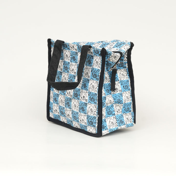 Express Jute Lunch Bag, Blue and White Patchwork, View 4