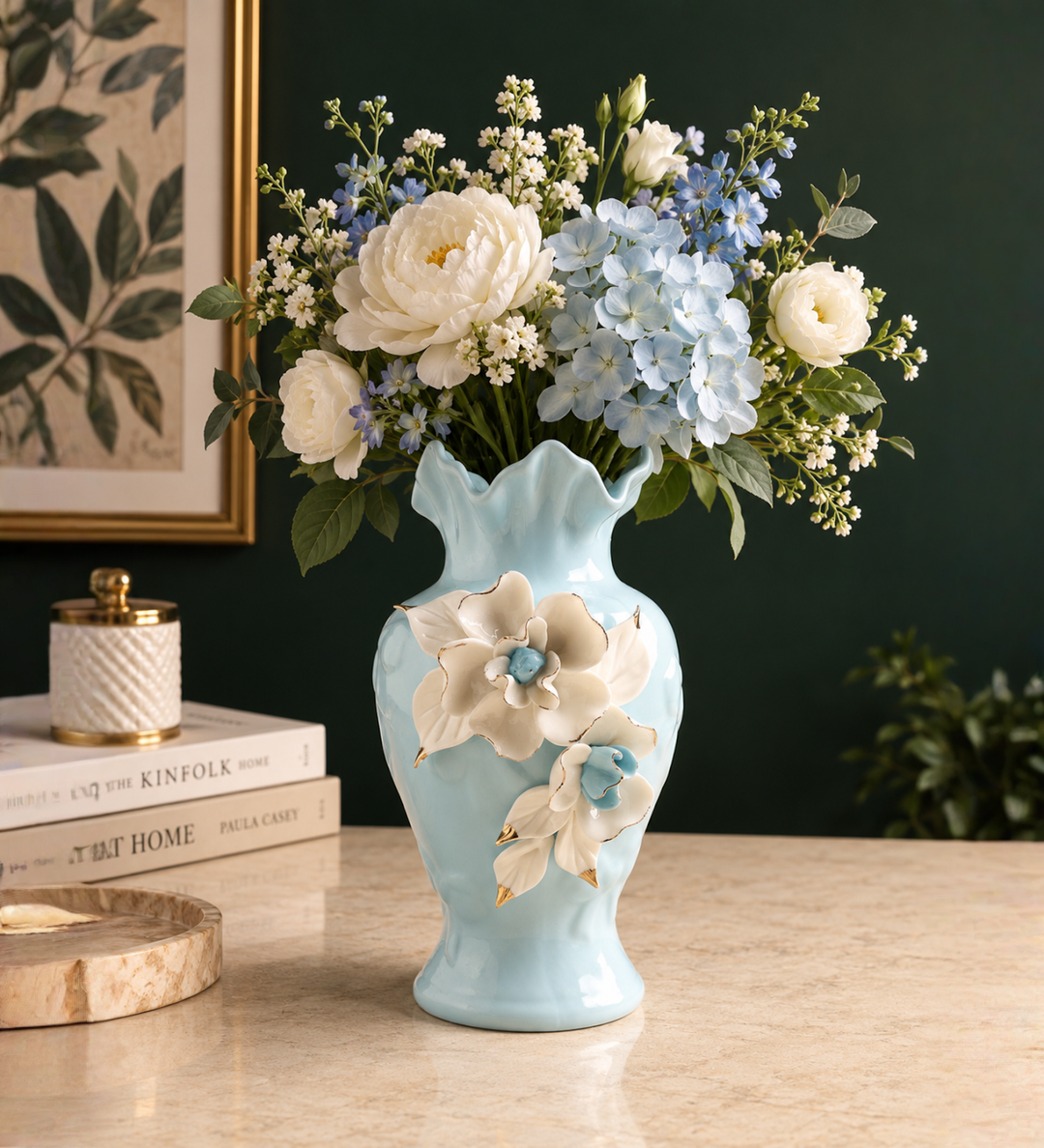 Elodie Fleur Ruffled Rim Porcelain Vase with Gold Detail Blue view 1