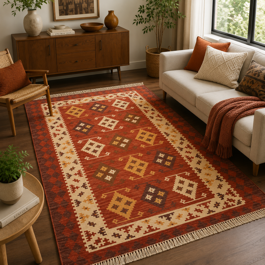 Warm Red Handwoven Wool Kilim Rug
