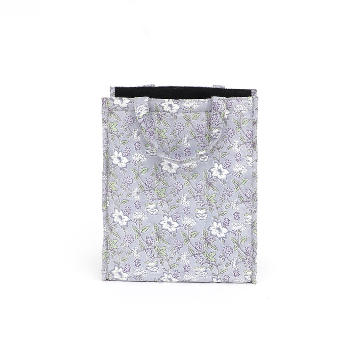 Large Insulated Cotton Lunch Bag, Grey Floral