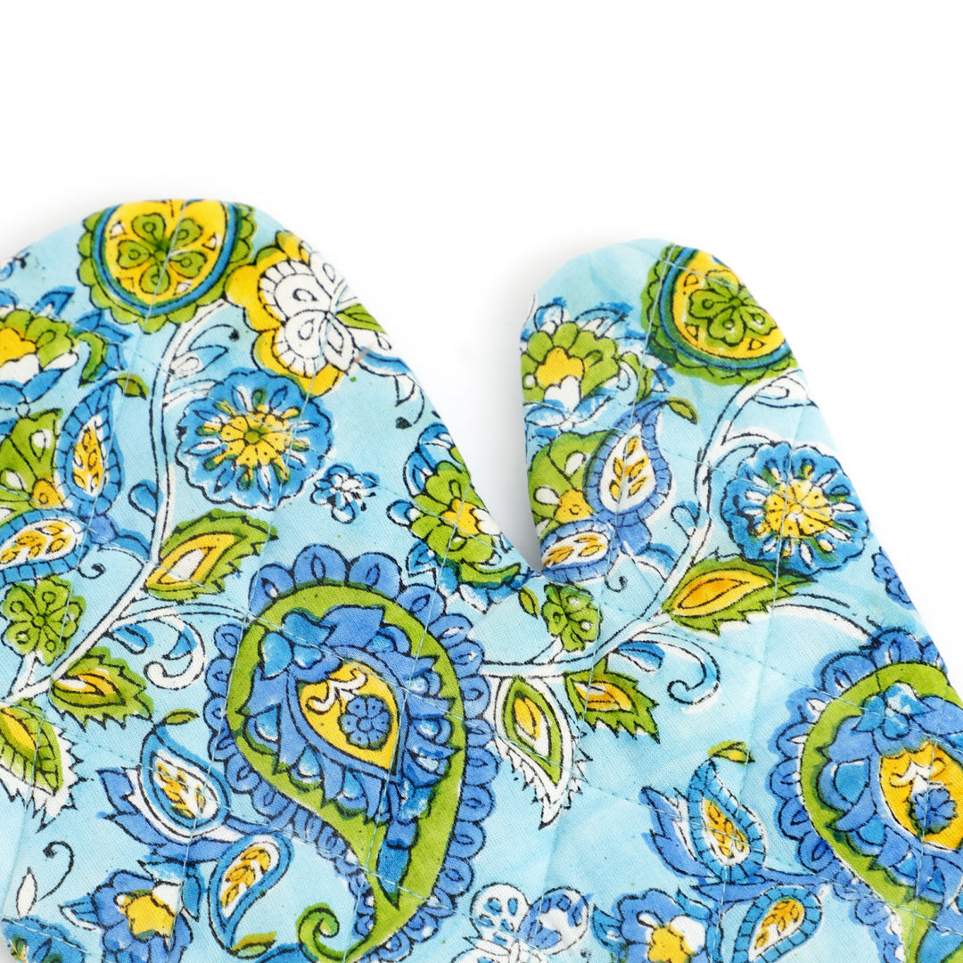 Hand Block Cotton Kitchen Apron Set, Paisley Blue, view 8