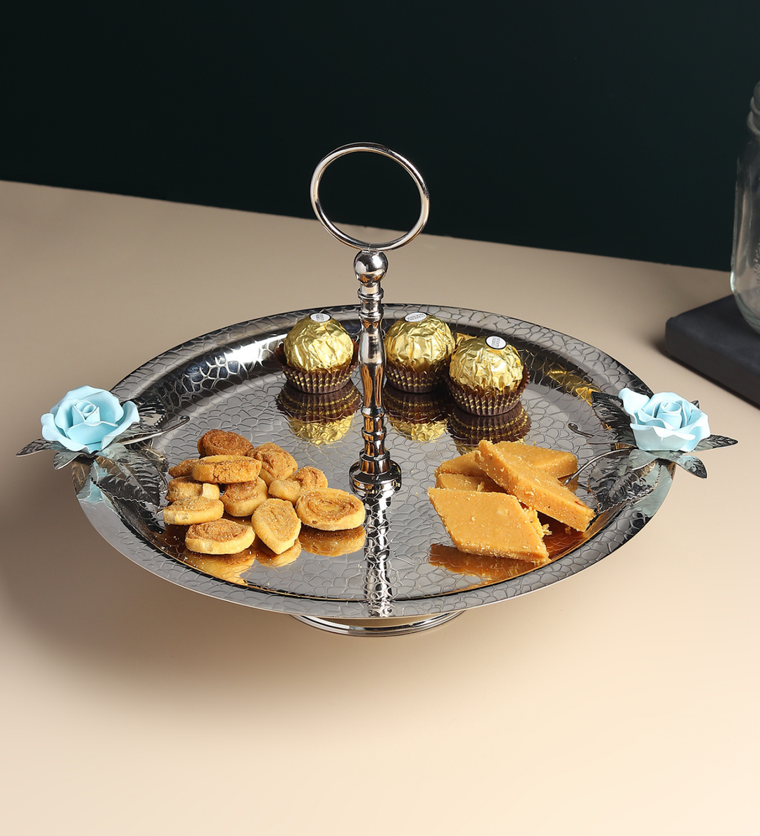 Petal Eclat Stainless Steel Cake Stand with Floral Accent Blue view 2