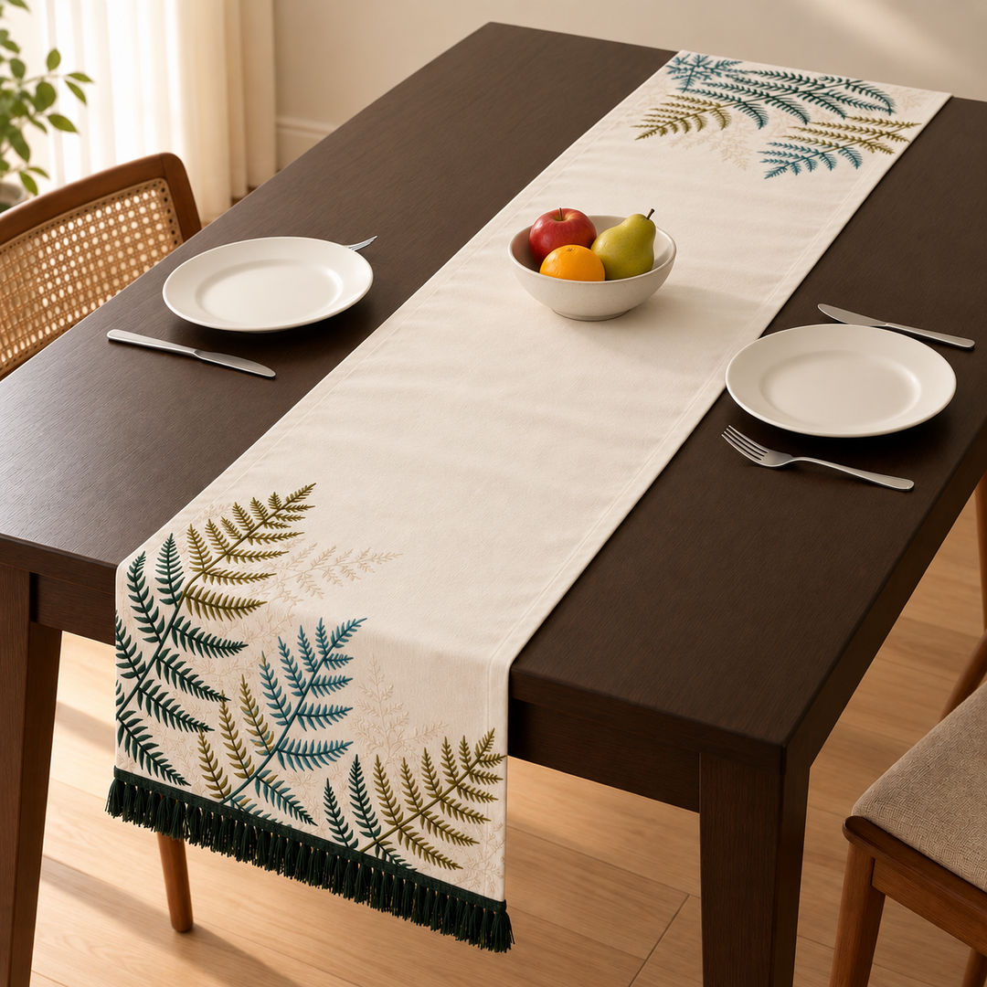 Fern Embroidered Cotton Slub Table Runner, View 2