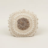 Ivory Crochet Medallion Round Cushion in white and grey