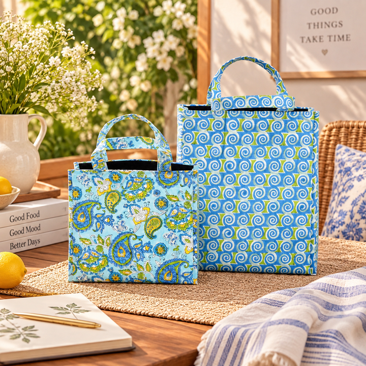 Insulated Cotton Lunch Bag Set of 2, Blue Paisley Spiral, view 9