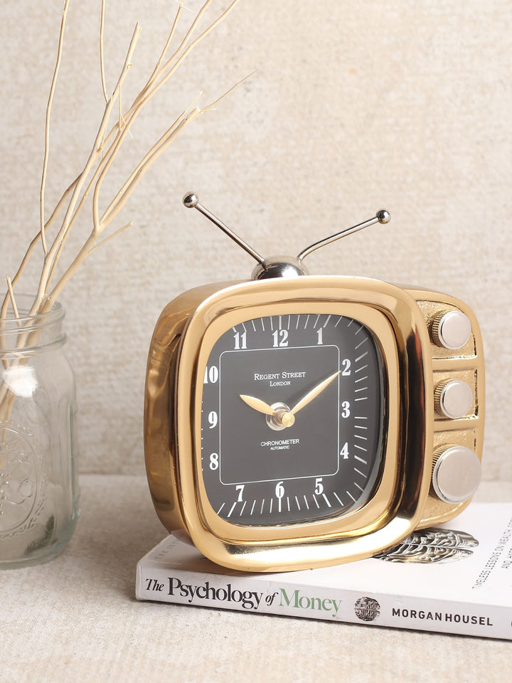 Expobazaar Retro TV Gold Aluminium Table Clock