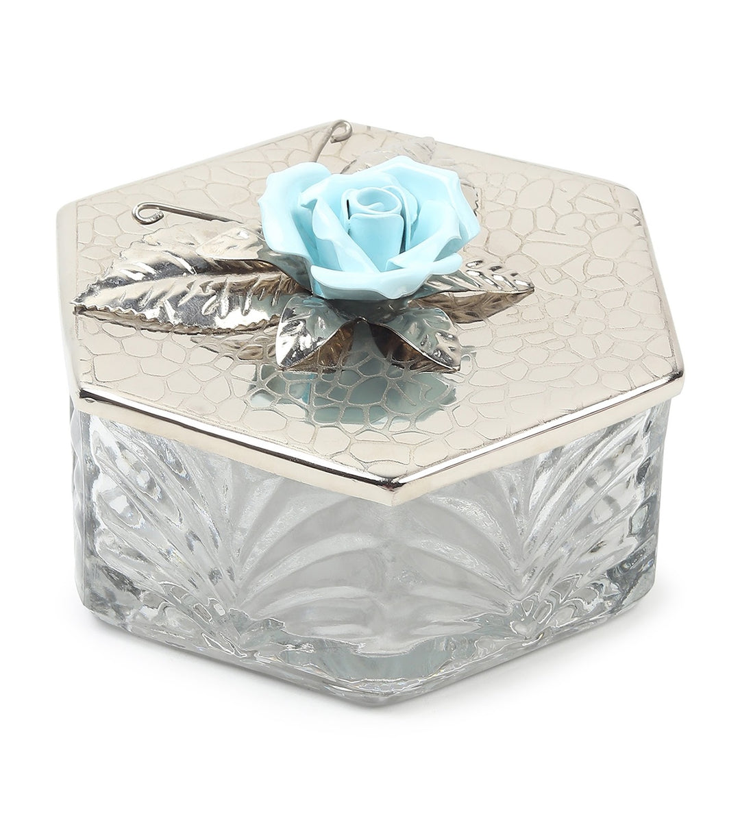 Petal Eclat Hexagon Trinket Box with Floral Bloom Accent Blue view 6