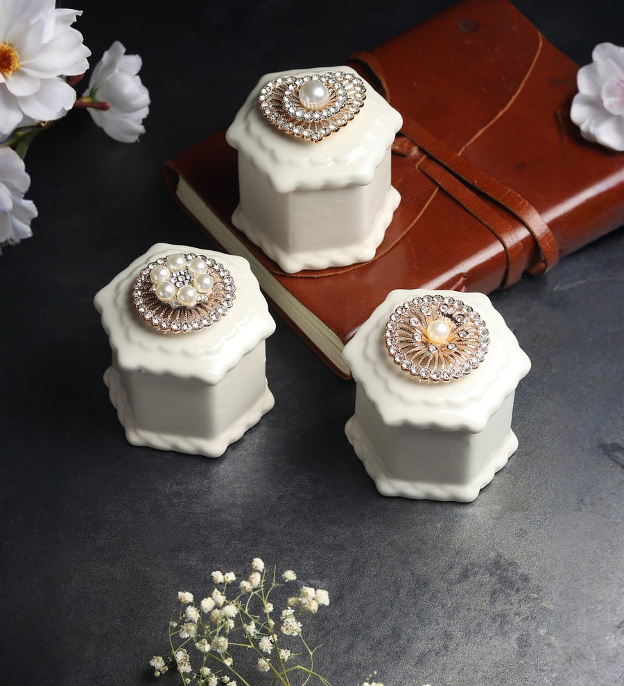 Medallion Jewelled White Porcelain Trinket Box Set view 1