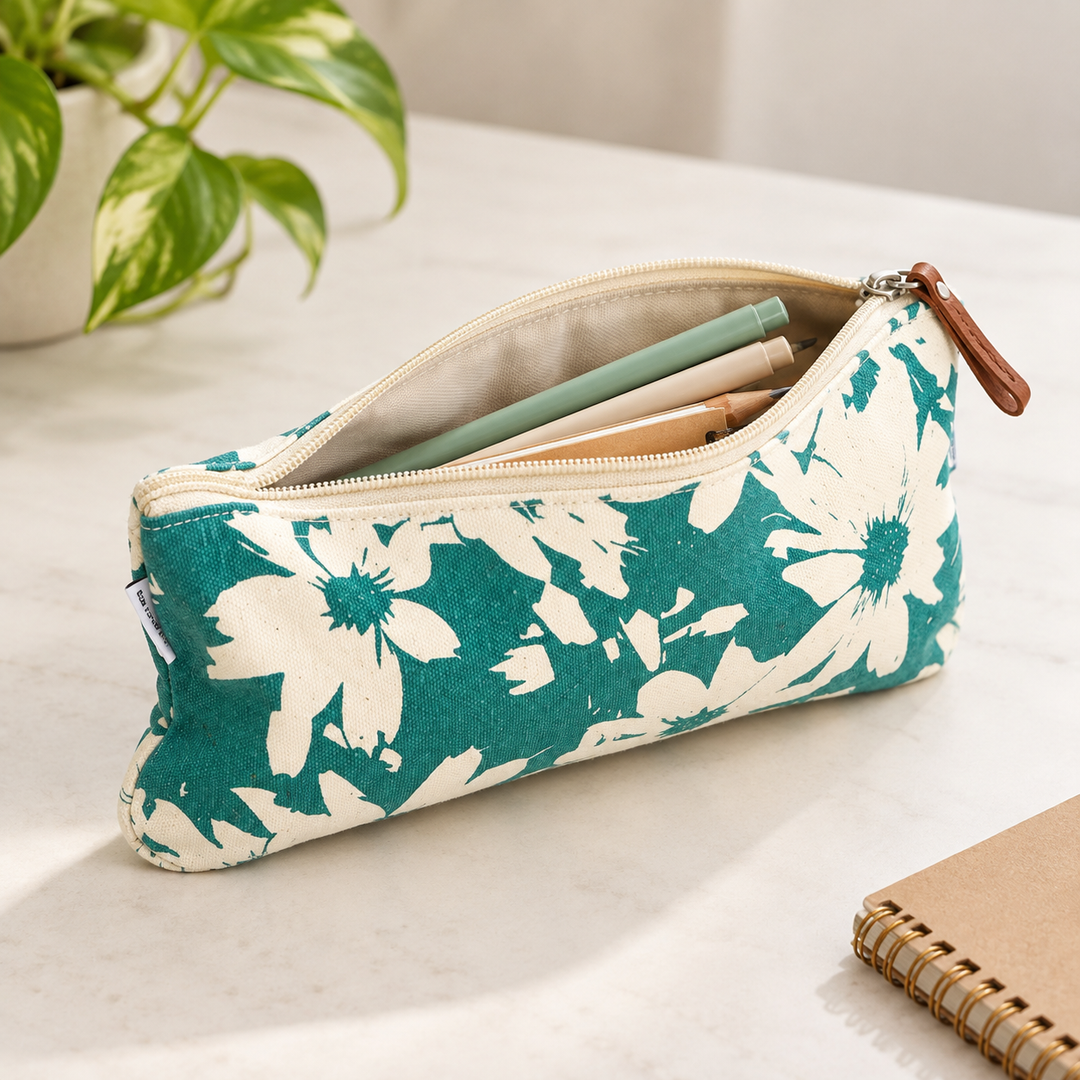 Teal Floral Print Canvas Zipper Pouch, View 5
