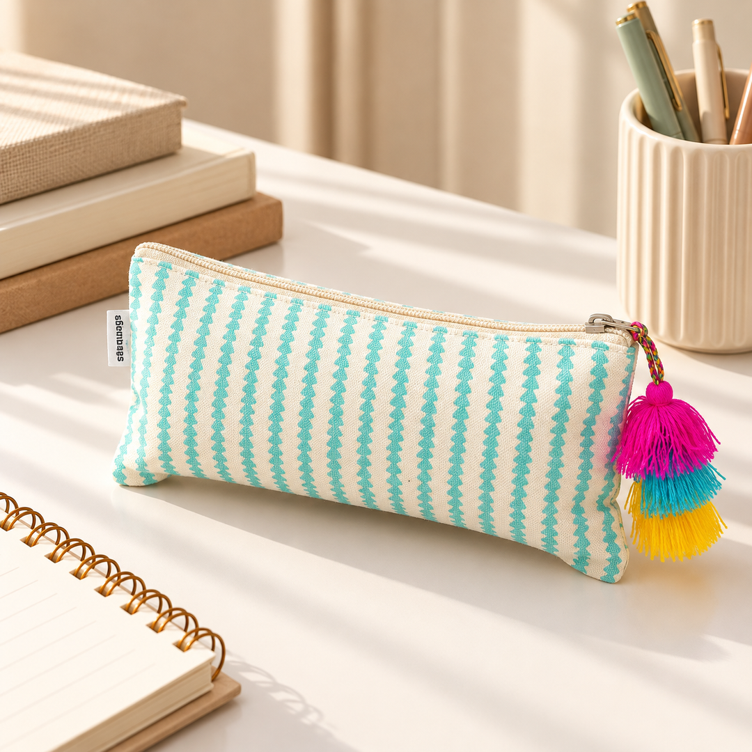 Teal Stripe Tassel Pencil Pouch, View 6