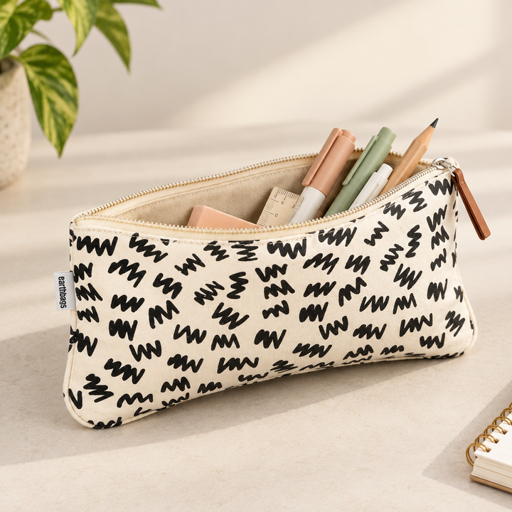 Black Abstract Print Canvas Zipper Pouch, View 6