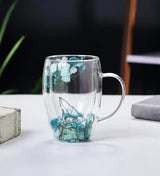 Dahlia Pressed Flower Glass Coffee Mug Blue view 1