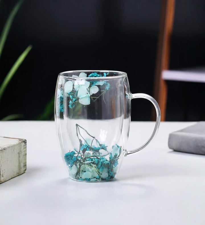 Dahlia Pressed Flower Glass Coffee Mug Blue view 1