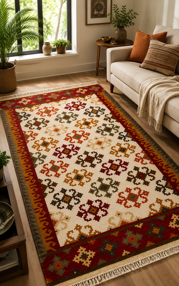 Natural Beige Handwoven Wool Kilim Rug