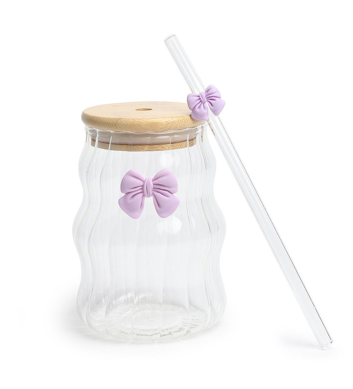 Taffy Wavy Glass Tumbler with Wooden Lid and Straw Purple view 6