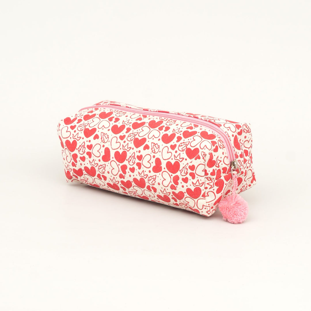 Red Heart Print Fluffy Pouch with Pom Pom, View 2