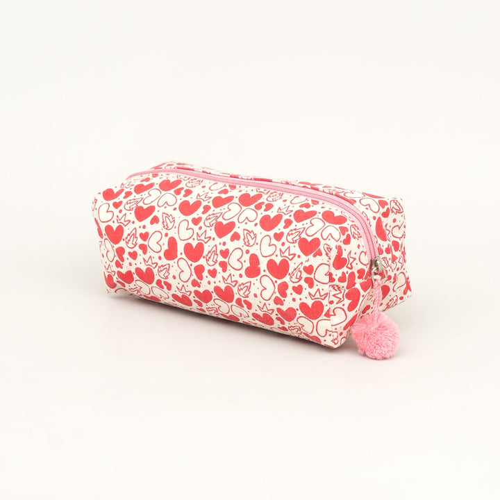 Red Heart Print Fluffy Pouch with Pom Pom, View 2