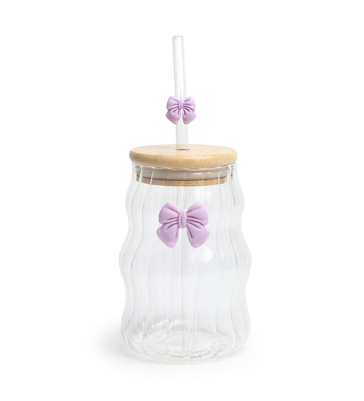 Taffy Wavy Glass Tumbler with Wooden Lid and Straw Purple view 4