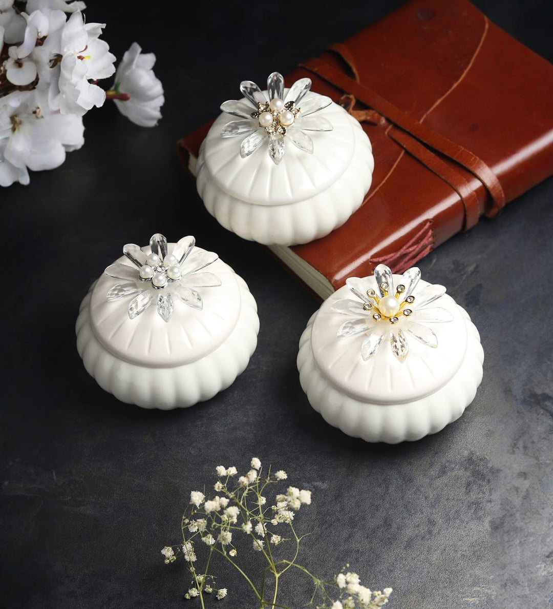 Sunpetal Jewelled Porcelain Trinket Box Set view 2