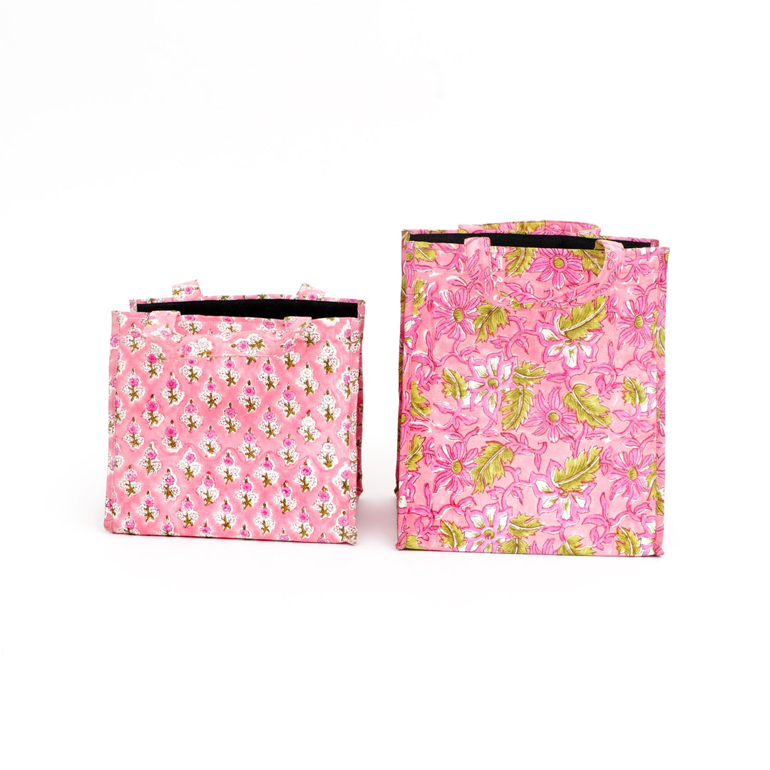 Insulated Cotton Lunch Bag Set of 2, Pink Paisley Floral