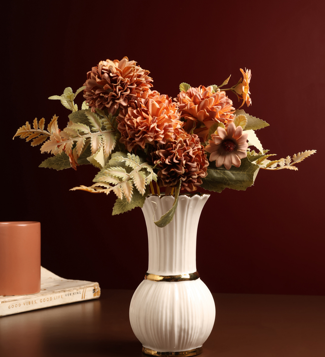 Garnet Ribbed Porcelain Vase with Gold Bands view 2