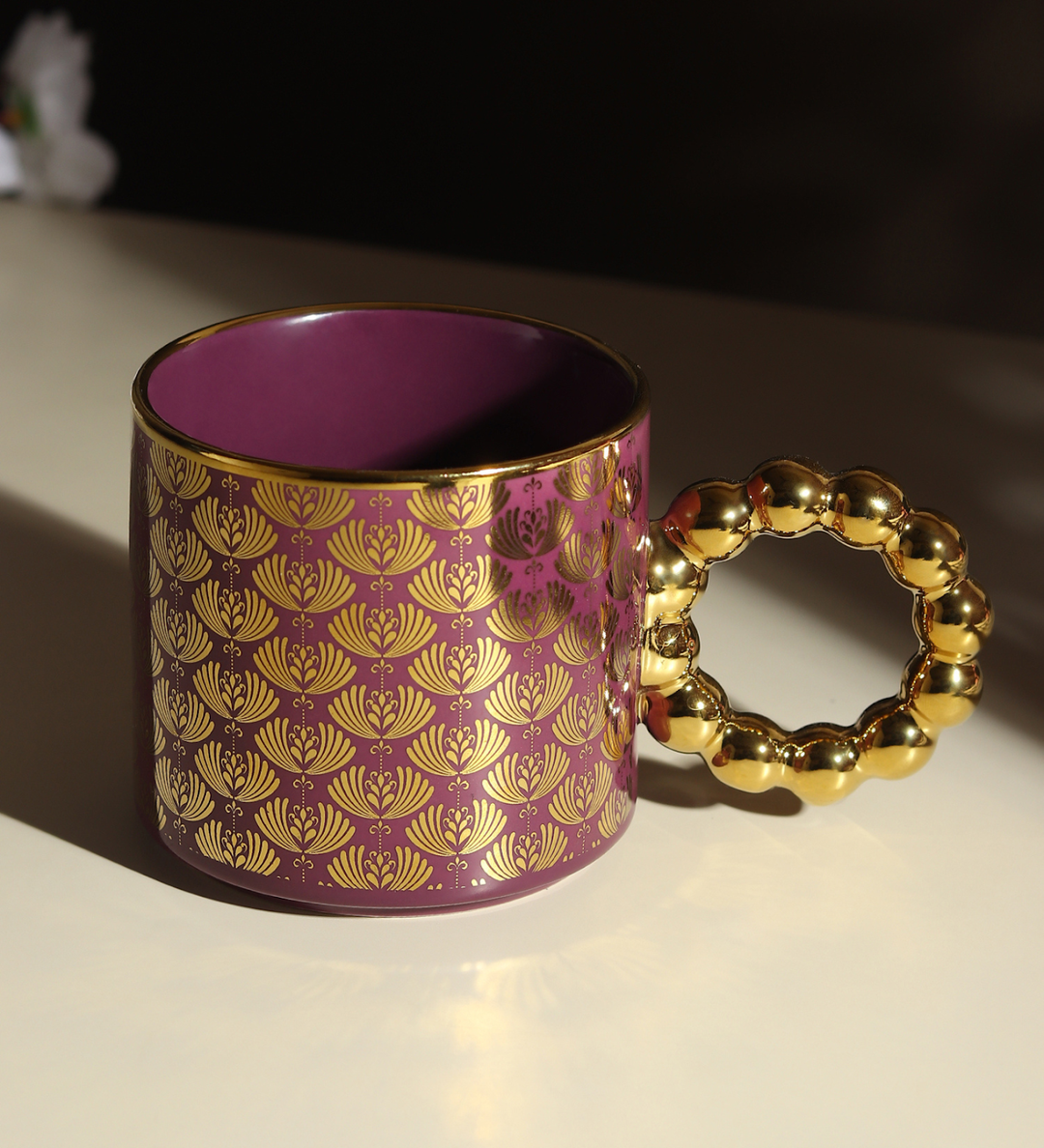 Ceramic Coffee Mug with Gold Motifs and Beaded Handle Blythe Purple view 1
