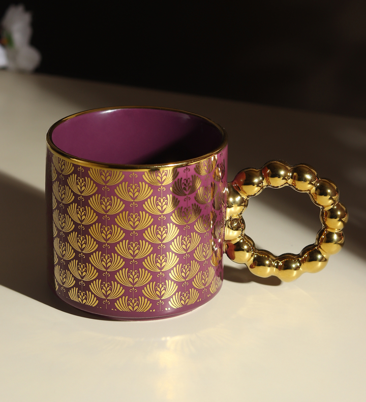 Ceramic Coffee Mug with Gold Motifs and Beaded Handle Blythe Purple view 1