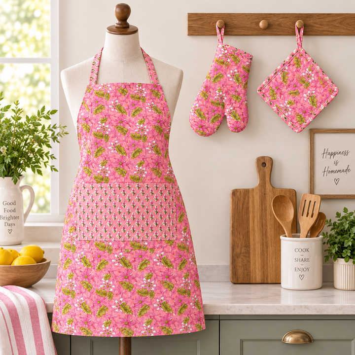 Hand Block Cotton Kitchen Apron Set, Magenta, view 9