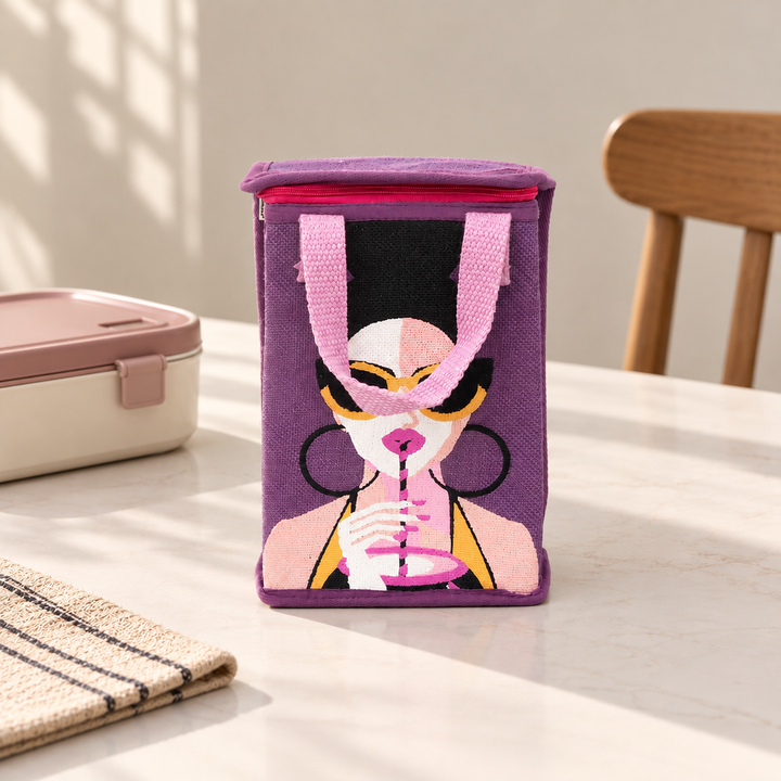 Insulated Jute Lunch Bag, Fashion Girl Print, View 5