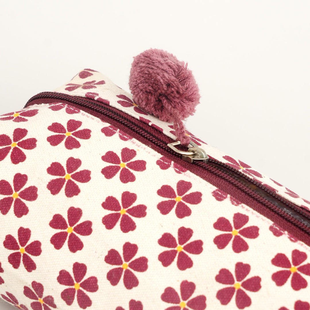 Maroon Floral Print Fluffy Pouch with Pom Pom, View 3