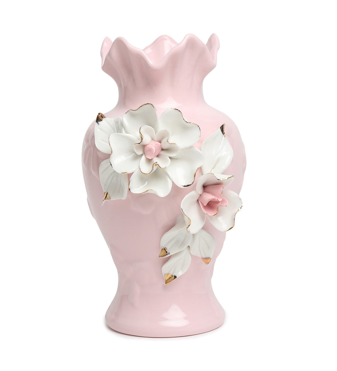 Elodie Fleur Ruffled Rim Porcelain Vase with Gold Detail Pink view 4