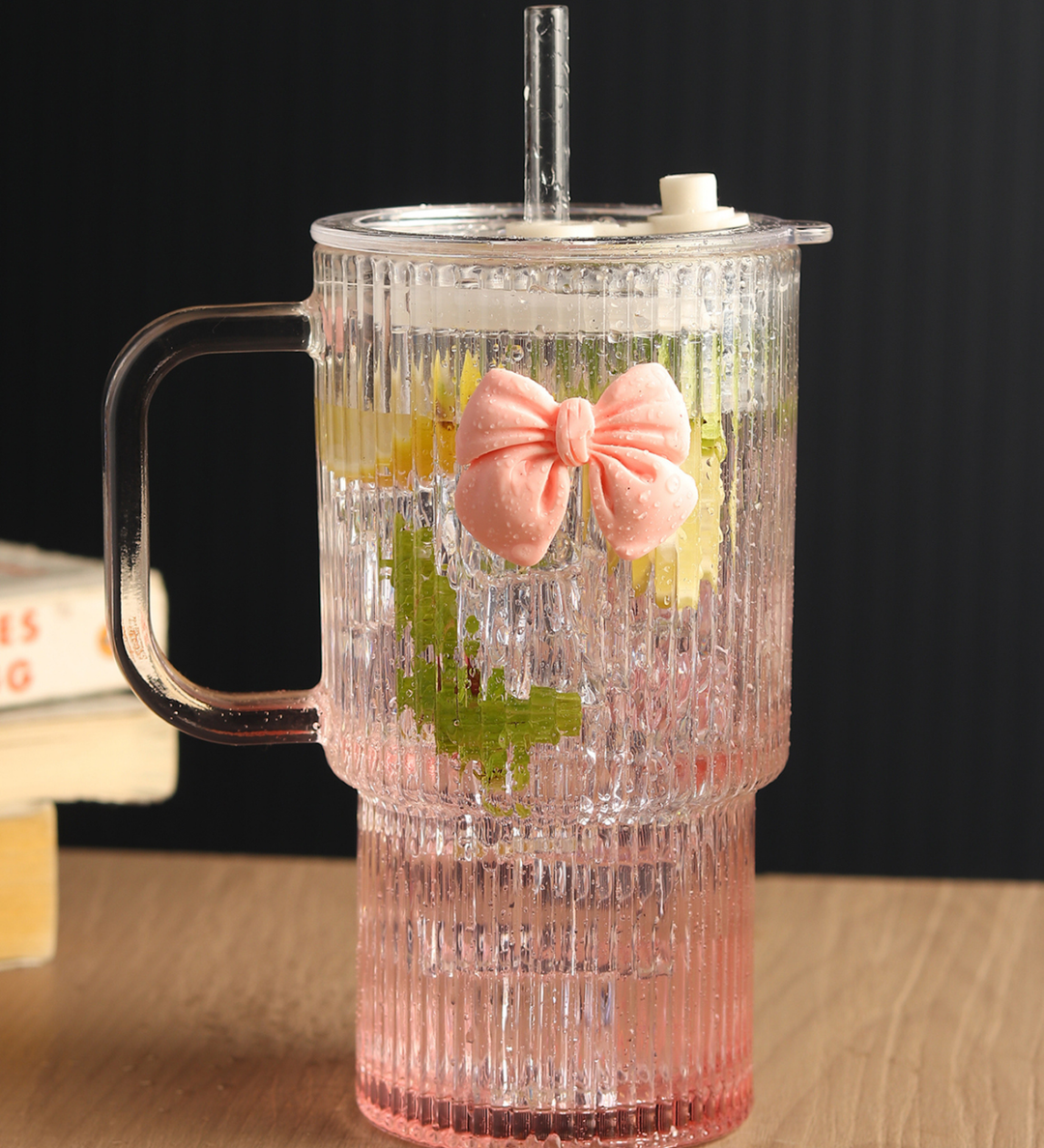 Ribbonette Fluted Glass Tumbler with Ribbon Detail Pink view 2